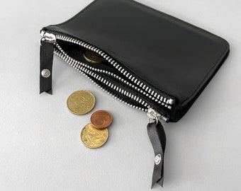 fluo double purse small, minimalist leather purse, black leather wallet with coloured zips, black leather purse, embossed leather purse