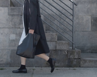 Black Leather Tote Bag: Minimalist Soft Calf Leather Shopper