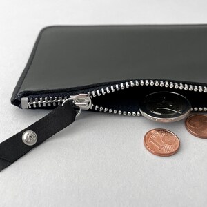 fluo purse large, minimalist leather purse, black leather wallet with coloured zips, black leather purse, embossed leather purse