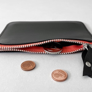 fluo purse small, minimalist leather purse, black leather wallet with coloured zips, black leather purse, embossed leather purse