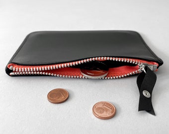 Small Black Leather Purse: Minimalist Wallet with Colored Zip