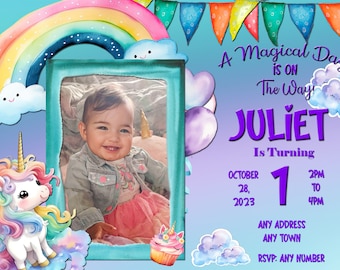 Personalized Photo Watercolor Unicorn Birthday Invitation Digital File