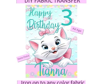 Hierro DIY en transferencia o sublimación personalizada de tela de cumpleaños - Agregar nombre y edad - María los Aristogatos
