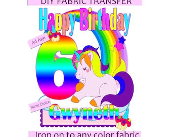 DIY Hierro en transferencia o sublimación personalizada de tela de cumpleaños - Agregar nombre y edad - Unicornio arcoíris