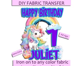 DIY Iron On Personalized Birthday Watercolor Unicorn Fabric Transfer- Add Name and Age -See Matching Invitation