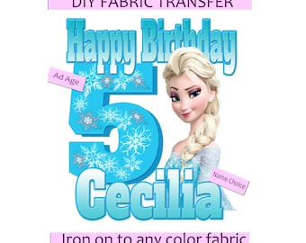 DIY Iron On Personalized Birthday Fabric Transfer or Sublimation - Add Name and Age - Elsa