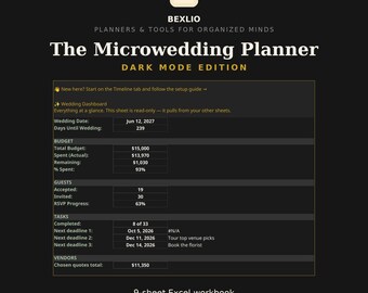 Modèle de tableur pour micro-mariage (mode sombre), budget de mariage à petit budget (Excel), checklist pour l'organisation d'une fugue amoureuse, chronologie du mariage