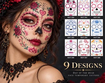 May include: A set of nine Day of the Dead face temporary tattoos featuring various skull designs with floral and decorative patterns. The collection includes colorful illustrations labeled MAT-090 through MAT-098, displayed alongside text reading 9 DESIGNS.