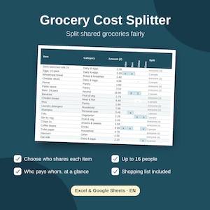 Op de afbeelding: Een digitaal spreadsheet-sjabloon voor het splitsen van boodschappenkosten op een donkerblauwe achtergrond. De tabel toont kolommen voor items, categorieën, bedragen in euro's en de individuele verdeling voor verschillende personen.