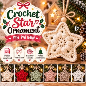 Könnte beinhalten: Ein Häkelanleitungs-PDF für einen Stern-Anhänger mit dem Text Crochet Star Ornament PDF Pattern. Das Bild zeigt einen cremefarbenen gehäkelten Stern mit einem zentralen Büschelmaschen-Muster, der an einer Juteschnur mit Holzperle hängt.