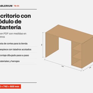 Könnte beinhalten: Ein hellbrauner Holzschreibtisch mit einer integrierten Ablageeinheit mit drei Fächern auf der rechten Seite. Das technische Diagramm enthält den Text TABLERIUM TB-04, Escritorio con módulo de estantería und Maße von 1200 x 740 x 600 mm.