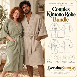 May include: Digital sewing pattern for a Couples Kimono Robe Bundle. Includes line drawings of robes with tie belts and pockets. Text reads: Couples Kimono Robe Bundle, Women's, Men's, PDF, A4 + US Letter, and EverydaySeamCo Sewing & Crochet Patterns.