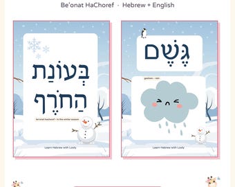 Hebrew Weather Flashcards Printable, Winter Weather Word Wall Cards, Hebrew Seasons Vocabulary, Hebrew English Transliteration Picture PDF