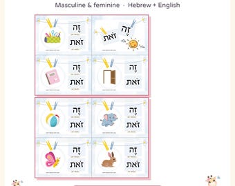 Hebrew Zeh or Zot Clip Cards Printable, Hebrew Demonstrative Pronouns Game, Masculine Feminine Nouns, Hebrew English Transliteration PDF