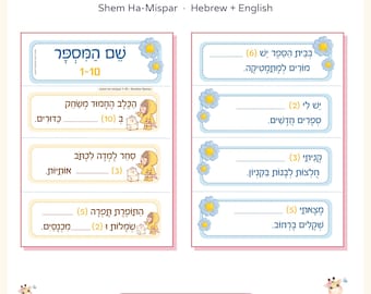 Hebrew Number Words 1-10 Task Cards Printable, Hebrew Numbers Masculine Feminine Grammar, Hebrew Sentences with Nikud, Hebrew English PDF