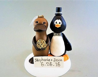 Platypus and Penguin Personalized Wedding Cake Topper