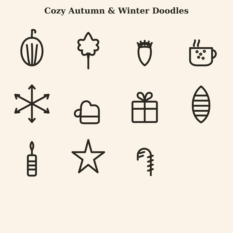 Op de afbeelding: Een digitale afbeelding getiteld Cozy Autumn & Winter Doodles met elf zwarte lijntekeningen op een cr&egrave;mekleurige achtergrond, waaronder een pompoen, blad, eikel, mok, sneeuwvlok, want, cadeau, dennenappel, kaars, ster en zuurstok.
