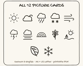 12 Weather & Seasons Picture Cards Bundle, Printable Morning Circle Weather Chart for Kids, Kindergarten Visuals, German English