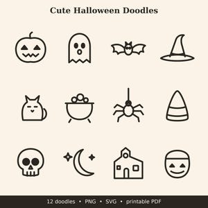 May include: A collection of twelve black line art icons titled Cute Halloween Doodles, featuring a jack-o'-lantern, ghost, bat, witch hat, cat, cauldron, spider, candy corn, skull, crescent moon, house, and a treat bucket.