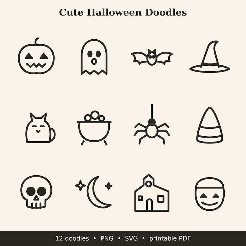 May include: A collection of twelve black line art icons titled Cute Halloween Doodles, featuring a jack-o'-lantern, ghost, bat, witch hat, cat, cauldron, spider, candy corn, skull, crescent moon, house, and a treat bucket.