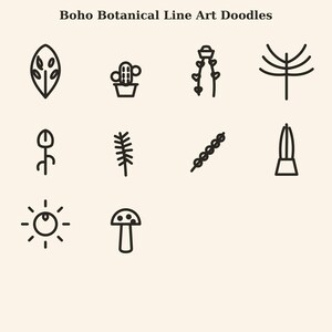 May include: A collection of dark brown line art icons on a light cream background, titled Boho Botanical Line Art Doodles. The set features ten distinct illustrations including a leaf, cactus, flower, tree, sun, and mushroom shapes.