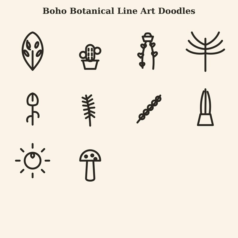 May include: A collection of dark brown line art icons on a light cream background, titled Boho Botanical Line Art Doodles. The set features ten distinct illustrations including a leaf, cactus, flower, tree, sun, and mushroom shapes.
