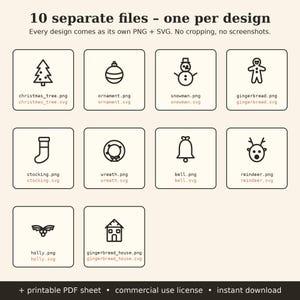 May include: A digital collection of 10 Christmas-themed icons including a tree, ornament, snowman, gingerbread person, stocking, wreath, bell, reindeer, holly, and house. Each icon is provided as a PNG and SVG file with text labels.