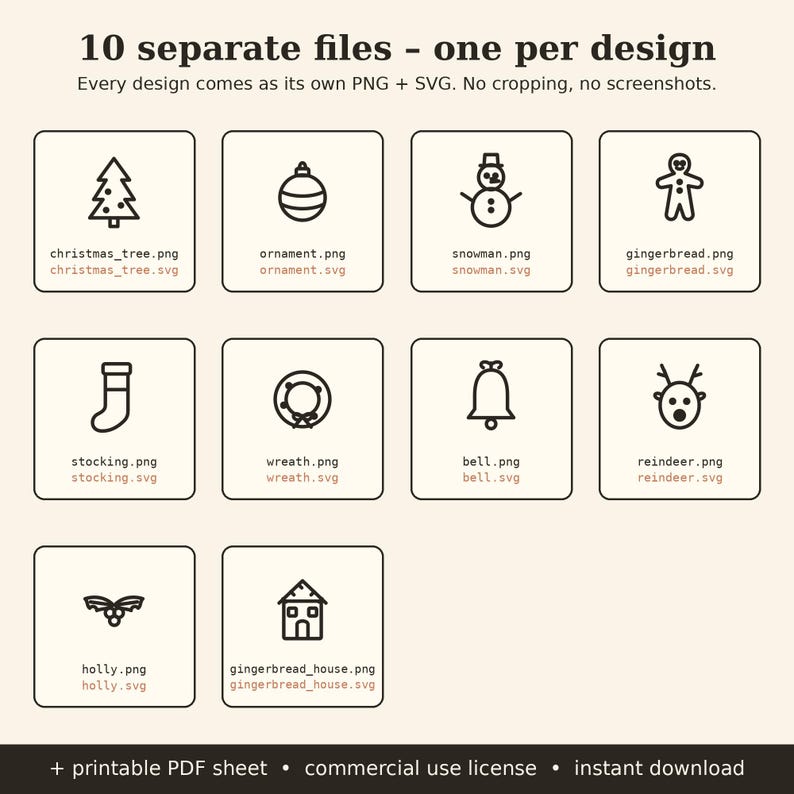 May include: A digital collection of 10 Christmas-themed icons including a tree, ornament, snowman, gingerbread person, stocking, wreath, bell, reindeer, holly, and house. Each icon is provided as a PNG and SVG file with text labels.