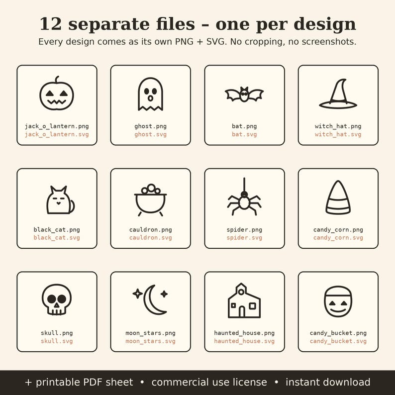 May include: A digital collection of 12 Halloween-themed icons in black line art, including a jack-o'-lantern, ghost, bat, witch hat, black cat, cauldron, spider, candy corn, skull, moon with stars, haunted house, and a candy bucket.