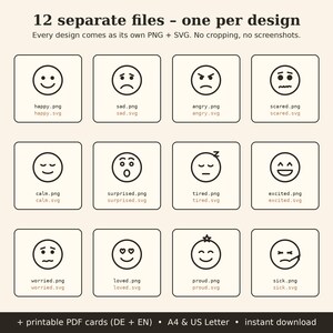 Op de afbeelding: Een digitale collectie van 12 zwart-witte emoji-iconen in vierkante kaders, gelabeld happy, sad, angry, scared, calm, surprised, tired, excited, worried, loved, proud en sick, met tekst die de PNG- en SVG-bestandsformaten aangeeft.