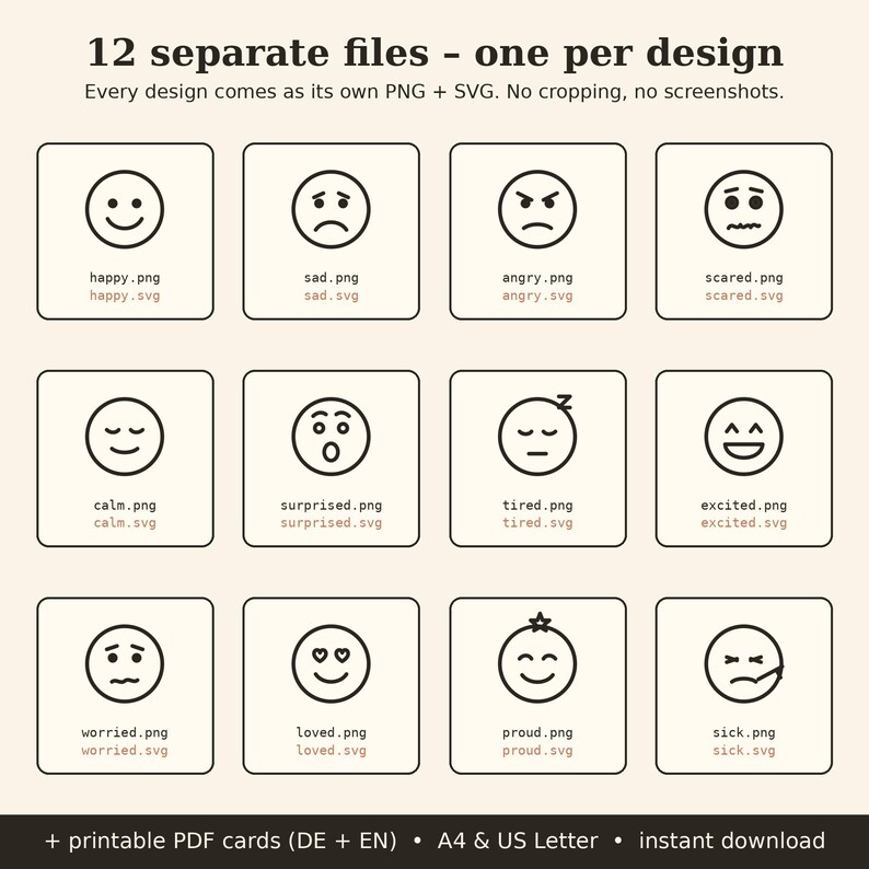 Op de afbeelding: Een digitale collectie van 12 zwart-witte emoji-iconen in vierkante kaders, gelabeld happy, sad, angry, scared, calm, surprised, tired, excited, worried, loved, proud en sick, met tekst die de PNG- en SVG-bestandsformaten aangeeft.