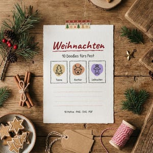 May include: A white paper sheet with the red text Weihnachten and 10 Doodles fürs Fest, featuring three boxes with a tree, reindeer, and gingerbread man icon. Below are the words Tanne, Rentier, and Lebkuchen, plus 10 Motive - PNG - SVG - PDF.