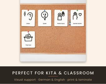 Kindergarten Classroom Rules Cards, German English Visuals (Digital Download)