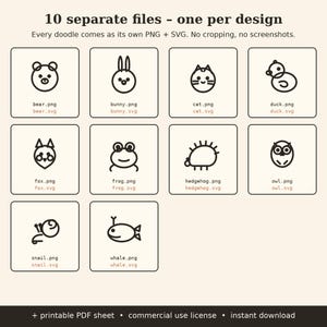 K&ouml;nnte beinhalten: Eine digitale Sammlung von 10 Tier-Strichzeichnungen, darunter B&auml;r, Hase, Katze, Ente, Fuchs, Frosch, Igel, Eule, Schnecke und Wal. Jedes Symbol ist in einem quadratischen Rahmen mit den entsprechenden Dateinamen f&uuml;r PNG- und SVG-Formate dargestellt.