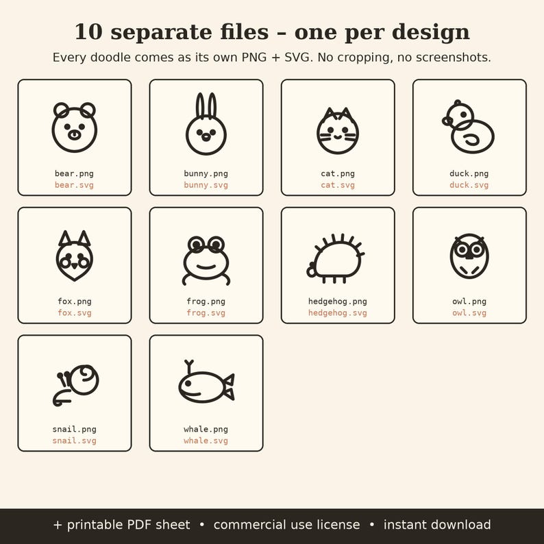 K&ouml;nnte beinhalten: Eine digitale Sammlung von 10 Tier-Strichzeichnungen, darunter B&auml;r, Hase, Katze, Ente, Fuchs, Frosch, Igel, Eule, Schnecke und Wal. Jedes Symbol ist in einem quadratischen Rahmen mit den entsprechenden Dateinamen f&uuml;r PNG- und SVG-Formate dargestellt.