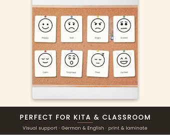 12 Feelings Cards Bundle, Printable Emotion Faces for Kids (German English)