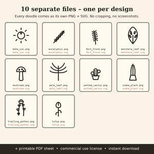 May include: A digital collection of 10 black line art icons featuring a sun, eucalyptus, fern, monstera leaf, mushroom, palm leaf, potted cactus, snake plant, trailing pothos, and tulip, each labelled with PNG and SVG file names.