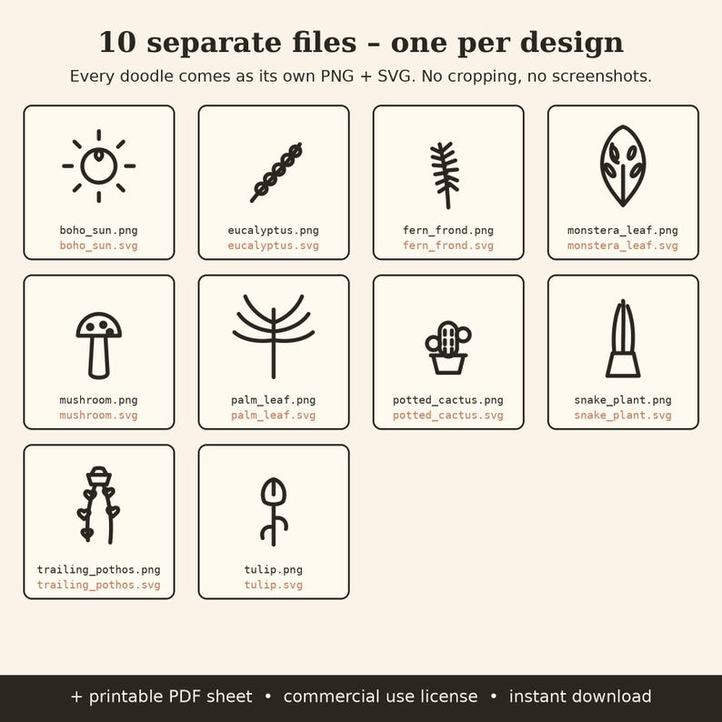 May include: A digital collection of 10 black line art icons featuring a sun, eucalyptus, fern, monstera leaf, mushroom, palm leaf, potted cactus, snake plant, trailing pothos, and tulip, each labelled with PNG and SVG file names.