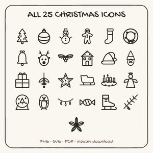 25 Christmas Doodle Bundle, Minimalist Line Art SVG PNG (Digital Download) image 1