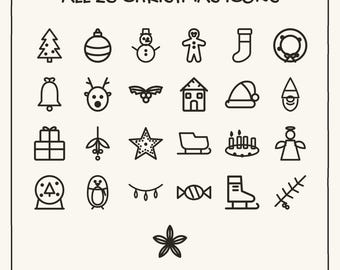 25 Świąteczne doodle SVG PNG, minimalistyczny clipart Boże Narodzenie, stemple Procreate, pliki Cricut, do pobrania