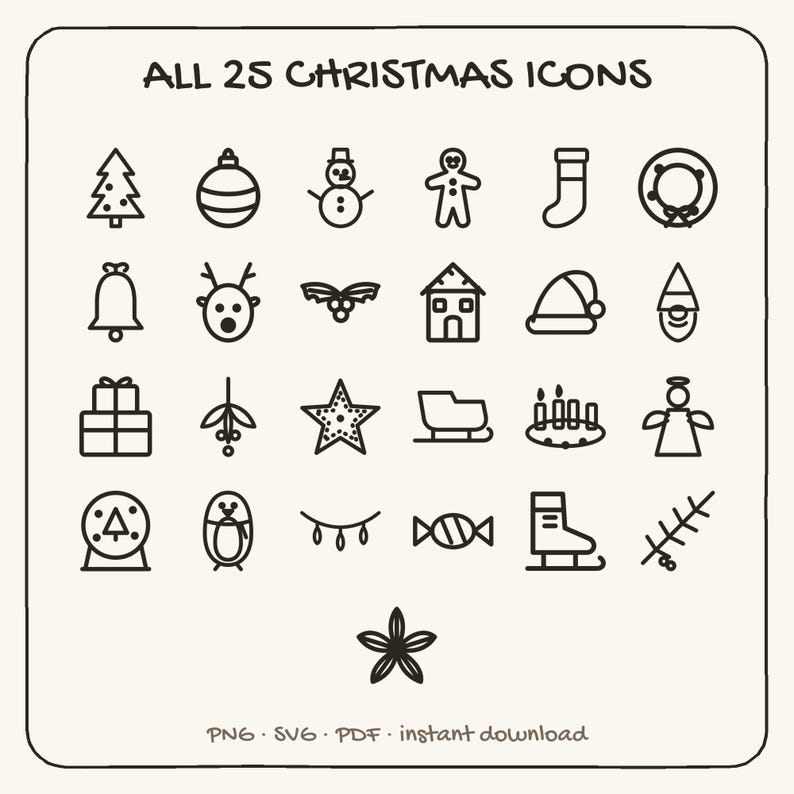 25 Christmas Doodle Bundle, Minimalist Line Art SVG PNG (Digital Download) image 1