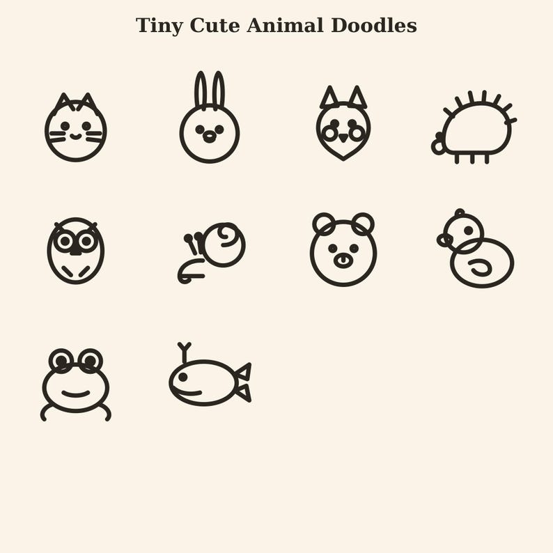 K&ouml;nnte beinhalten: Eine Sammlung von zehn dunkelbraunen Strichzeichnungen von Tierikonen, die in einem Raster auf hellem Hintergrund angeordnet sind, mit dem Titel Tiny Cute Animal Doodles. Die Symbole zeigen eine Katze, einen Hasen, einen Fuchs, einen Igel, eine Eule, eine Schnecke, einen B&auml;ren, eine Ente, einen Frosch und einen Fisch.