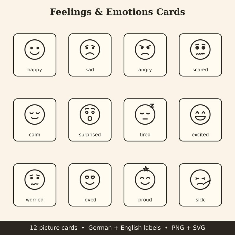 Op de afbeelding: Een set van 12 Feelings & Emotions kaarten met zwarte lijntekeningen van gezichten die verschillende emoties weergeven. Elke vierkante kaart toont een cirkelvormig gezicht met een uitdrukking en het bijbehorende Engelse label.