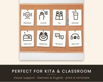 Calm Down Strategy Cards Bundle, Coping Skills Visuals for Kids (German English)