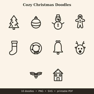 May include: A set of ten dark brown line art icons titled Cozy Christmas Doodles, featuring a tree, ornament, snowman, gingerbread man, stocking, wreath, bell, reindeer, holly, and house on a light background with file formats listed.