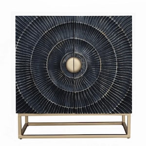 Concentric Sunburst Carved Black Wood Sideboard with Gold Tone Knob and Metal Frame, Sculptural 2 Door Storage Cabinet, 28 Inch