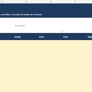 Puede incluir: Una plantilla de hoja de cálculo de Excel para registro de lectura con un encabezado azul oscuro que contiene el texto Registro de lectura Excel. Incluye un cuadro verde azulado etiquetado como Libros registrados, un área de entrada de datos amarilla y columnas para título, autor, género, estado, fechas, páginas, valoración y notas.