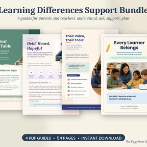 May include: A Learning Differences Support Bundle featuring four educational guides for parents and teachers. The covers display titles including Your Seat at the Table, Held, Heard, Hopeful, Their Voice, Their Tools, and Every Learner Belongs.