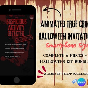 May include: A smartphone displaying a digital Halloween invitation with the text SUSPICIOUS ACTIVITY DETECTED, CLASSIFIED, and details including Mappleside and October 31. The background features red blood drips, a spider, and a pumpkin.