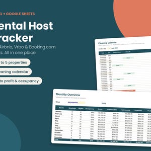 Könnte beinhalten: Eine digitale Rental Host Tracker Tabellenkalkulation für Excel und Google Sheets. Die Benutzeroberfläche zeigt einen Reinigungskalender und eine monatliche Übersichtstabelle mit Spalten für Buchungen, Nächte, Auslastung, Einnahmen und Gewinne.
